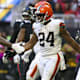 Oct 2, 2022; Atlanta, Georgia, USA; Cleveland Browns running back Nick Chubb (24) celebrates after a touchdown with running back Kareem Hunt (27) against the Atlanta Falcons in the second half at Mercedes-Benz Stadium. Mandatory Credit: Brett Davis-USA TODAY Sports